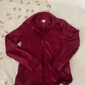 Women's red Satin Button-Up Blouse - Deep Burgundy